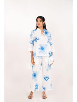 Naav - The Rhodes Set White Blue Cotton Schiffli Straight Digital Print Designer Coord Set