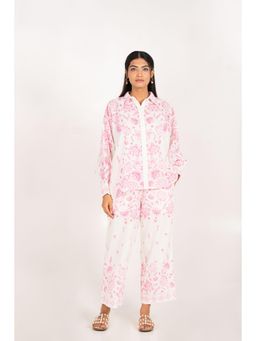 Naav - White Pink Cotton Schiffli Straight Digital Print Designer Coord Set