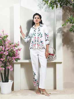 AAREIN - Women White Linen Printed Co-Ord (Set of 2)