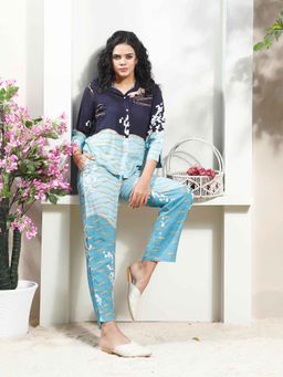 AAREIN - Women Blue Linen Printed Co-Ord (Set of 2)