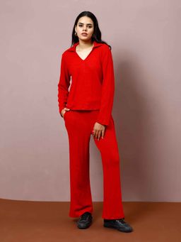 AAREIN - Women Red Acrylic Self Design Co-Ord (Set of 2)