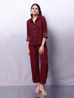 AAREIN - Women Maroon Linen Embellished Co-Ord (Set of 2)