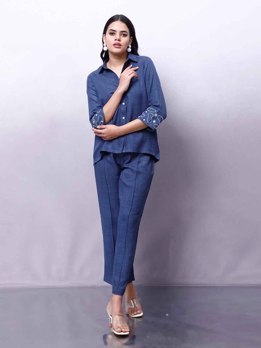 Buy AAREIN Women Blue Embellished Shirt with Trousers Co-ord Set Online