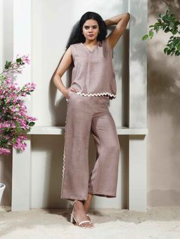 AAREIN - Women Beige Linen Solid Co-Ord (Set of 2)