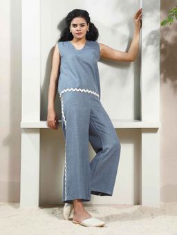 AAREIN - Women Blue Linen Solid Co-Ord (Set of 2)