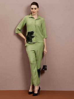 AAREIN - Women Green Linen Embellished Co-Ord (Set of 2)