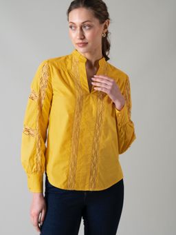 Style Island - Women's Yellow Cotton Blend Darla Poplin Shirt