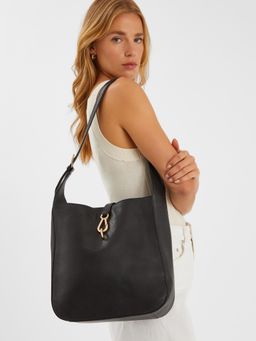 Accessorize London - Women's Black Clasp Leather Shoulder Bag