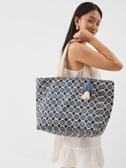 Accessorize London - Women's Blue Tile Print Beach Tote Bag