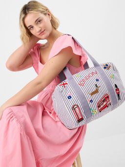 Accessorize London - Women's Purple Striped Travel Duffle Bag with Embroidered Prints