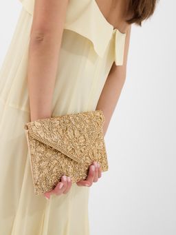 Accessorize London - Women's Gold Floral Embellished Envelope Clutch
