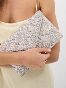 Accessorize London - Women's Silver Floral Embellished Envelope Clutch