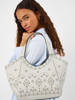 Accessorize London - Women's White Laser Cut Shoulder Tote Bag