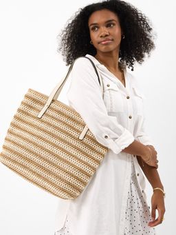 Accessorize London - Women's Beige Stripe Raffia Shoulder Tote Bag