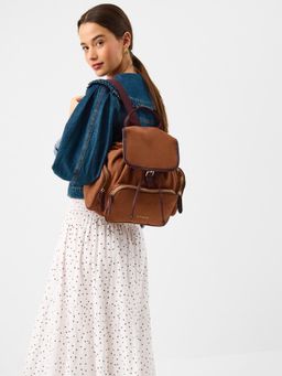 Accessorize London - Women's Tan Multi-Pocket Faux Suede Backpack