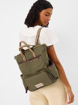 Accessorize London - Women's Green Multi-Pocket Canvas Backpack