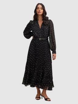 Forever New - Women Black Polka Dots Polyester Dress with Belt