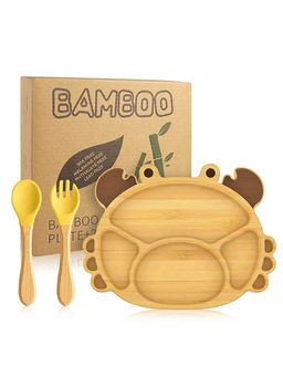 MyneeMoe - Leo Bamboo Suction Plate & Cutlery Yellow (Set of 3)