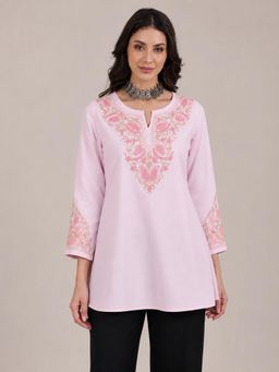 QAZMI - Pink Women Aari Embroidered Viscose Rayon A-Line Short Kurti