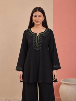 QAZMI - Black Women Aari Embroidered Viscose Rayon A-Line Short Kurti With Full Sleeves