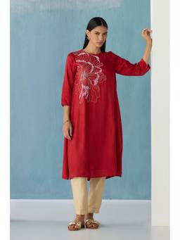 Ancestry - Maroon Crimson Bloom A-Line Kurta