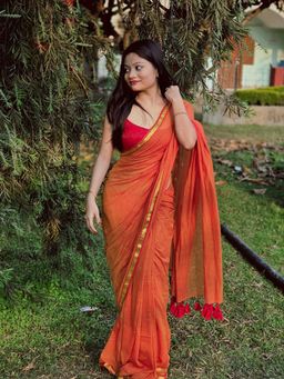 Aparna - Orange Coloured Mul Cotton Saree With Golden Boder For Women