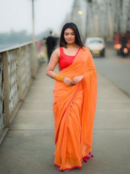 Aparna - Vibrant Orange With Red Bode Premium Mul Cotton Saree