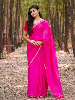 Aparna - Rani Pink Soft Mul Cotton Saree With Golden Trim For Women