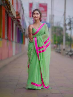Aparna - Vibrant Lime Green Flowy Chiffon Saree With Bright Pink Border For Women