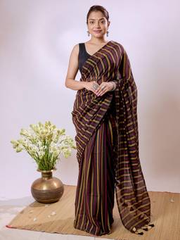 Aparna - Multi-colour Striped Soft Mul Cotton Saree With Tassel Pallu For Women
