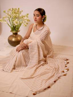 Aparna - Beige Striped Soft Mul Cotton Saree With Tassel Detailing For Women