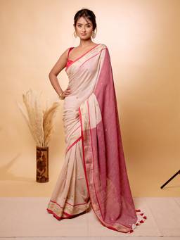 Aparna - Beige Pallu Soft Cotton Saree With Gold Zari Butti And Tassels For Women