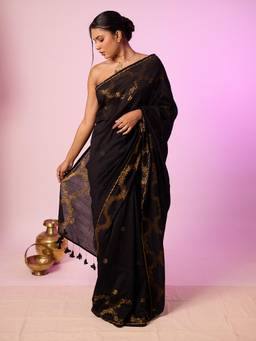 Aparna - Black Soft Cotton Saree With Rich Gold Zari Butti And Woven Border For Women