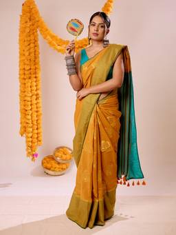 Aparna - Yellow Soft Cotton Saree With Teal Pallu Gold Floral Butta And Tassels For Women