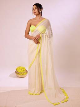 Aparna - Cream Soft Mul Cotton Saree With Neon Yellow Border And Tassel Pallu For Women