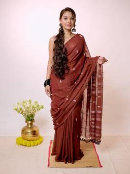 Aparna - Maroon Brown Handloom Cotton Saree With Butta Motifs And Tassel Pallu For Women