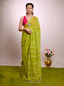 Aparna - Lime Green Soft Mul Cotton Saree With Woven Butta And Tassel Pallu For Women
