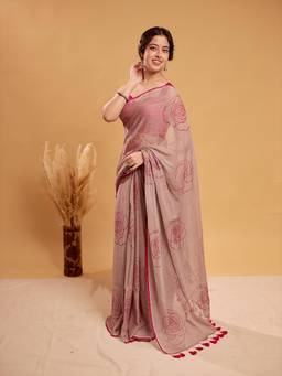 Aparna - Dusty Pink Soft Mul Cotton Saree With Rose Print And Tassel Pallu For Women