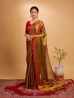 Aparna - Antique Gold Tissue Saree With Red Woven Border For Women
