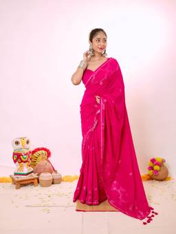 Aparna - Hot Pink Cotton Saree With Self Woven Motifs And Tassel Pallu For Women