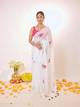 Aparna - White Soft Mul Cotton Saree With Rose Print And Tassel Pallu For Women