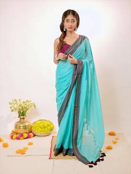Aparna - Sea Green Mul Cotton Saree With Tassel Pallu For Women