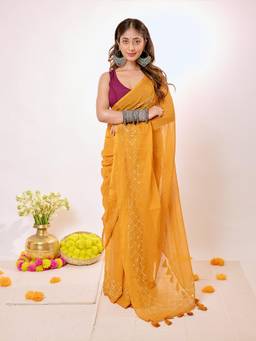 Aparna - Mustard Yellow Soft Mul Cotton Saree With Sequin Work And Tassel Pallu For Women