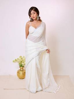 Aparna - Pure White Cotton Saree With Sequin Border And Tassel Pallu For Women