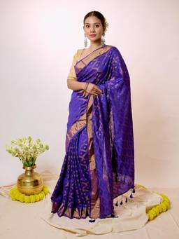Aparna - Royal Blue Cotton Saree With All Over Gold Zari Jaal Weave And Tassel Pallu For Women