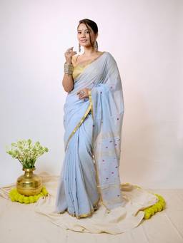 Aparna - Powder Blue Handloom Cotton Saree With Gold Border And Jamdani Butta For Women