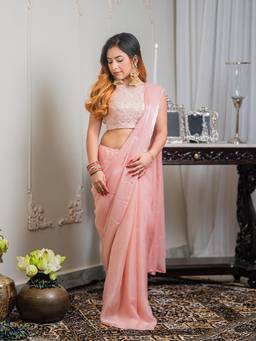 Aparna - Peach Solid Chiffon Saree With Sequin Embellished Blouse For Women