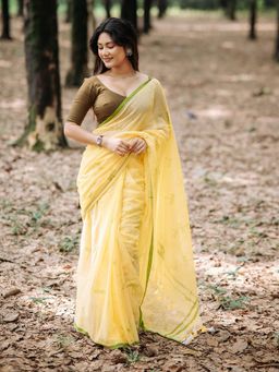 Aparna - Yellow Pure Cotton Saree With Dragonfly Print And Tassel Pallu
