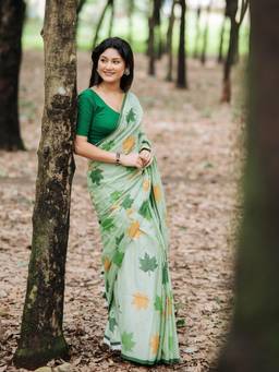 Aparna - Sage Green Pure Cotton Saree With Maple Leaf Print And Tassel Pallu