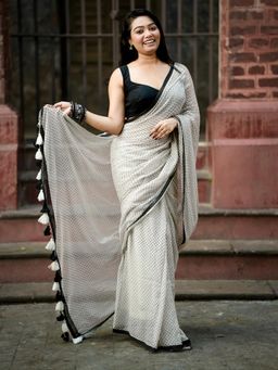 Aparna - Off White Pure Cotton Saree With Black Polka Dot Print